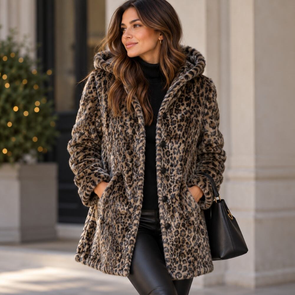 FREE PEOPLE Faux Fur Animal Leopard Print Hooded Coat Brown Sz L $258